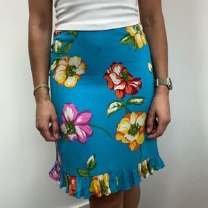 Ralph Lauren Y2K Vintage Blue Silk Floral Ruffle Hem Pencil Mini Skirt Size 2